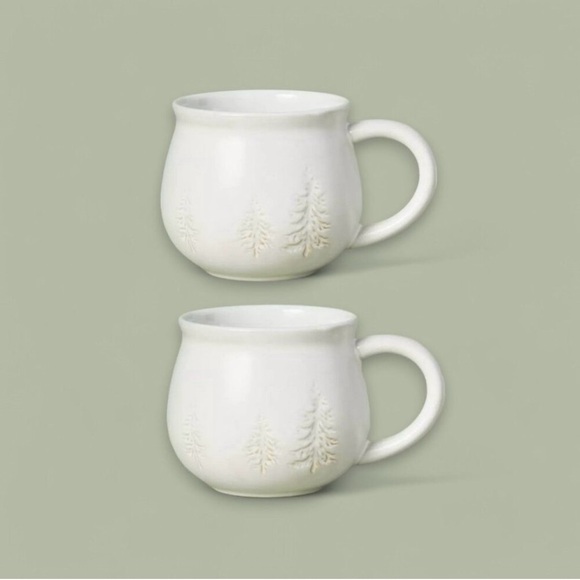 Hearth & Hand SET OF 2 - 16oz Winter Trees Round Stoneware Mugs in Cream. - Picture 1 of 6
